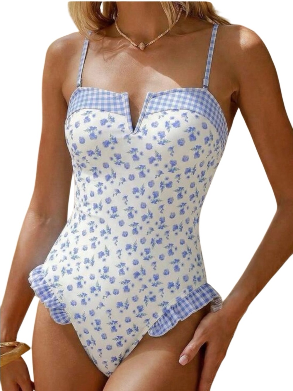 NEW Shein Women’s Swim Blue and White Gingham One-Piece Swimsuit in size Large
